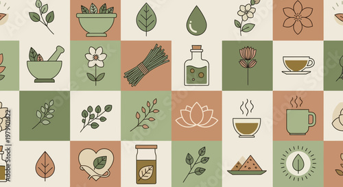 Herbal medicine and wellness icons pattern: leaves, flowers, tea, mortar, pestle, drops