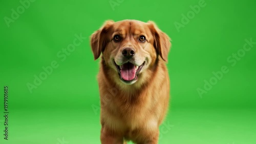 Happy Golden Retriever Dog Walking Green Screen Front View
