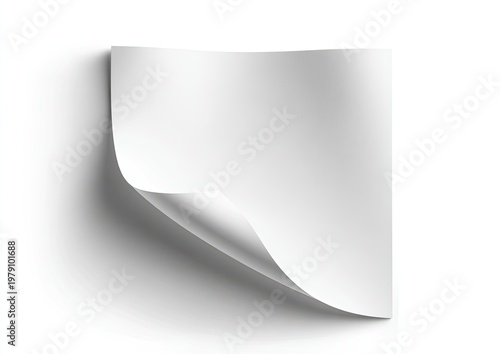 Blank white paper curled corner casting shadow on white background
