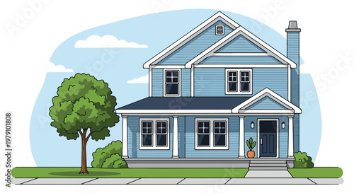 Blue house with white trim exterior.