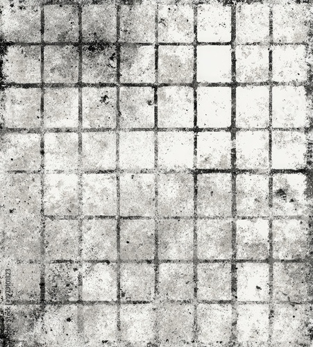 Grayscale overhead view of aged square tiles, weathered and imperfect