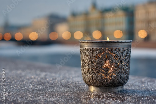 Ornate metal candle holder on icy surface with blurred city lights in the background