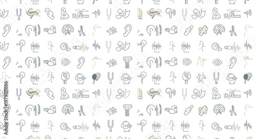 Medical Hearing Icons Pattern: Ear, Brain, Audiology, Sound Waves, Tuning Fork