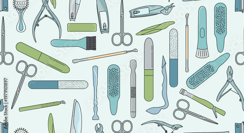 Manicure and Pedicure Tools Pattern: Nail Care Instruments on Light Blue Background