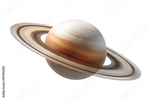 Realistic planet with layered rings. Shows a celestial body, swirling atmosphere and large rings