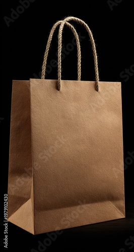 A brown paper shopping bag with rope handles, set against a solid black background