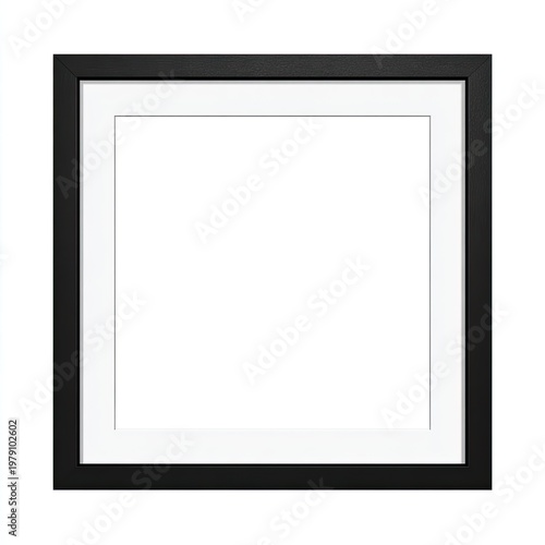 Square black picture frame with white matting against a white background