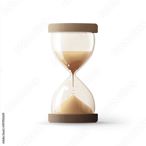 Beige hourglass on white background with sand flowing