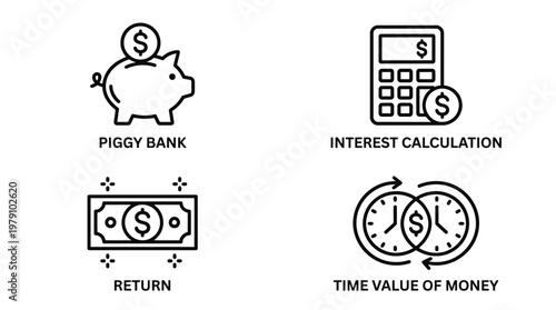 Financial icons set, money management, saving, interest calculation vector EPS