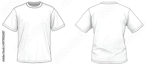 Front and back views of a plain white t-shirt, illustrating the garment's cut and fit