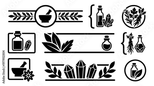 Black and white vector set of apothecary bottle badges, blank botanical banners, magic crystals, herbal roots, and a mortar for natural design