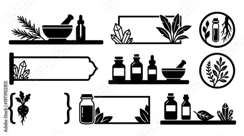 Black and white vector set of apothecary shelves, alchemy dropper bottles, blank frames, magic crystals, and botanical roots for organic branding