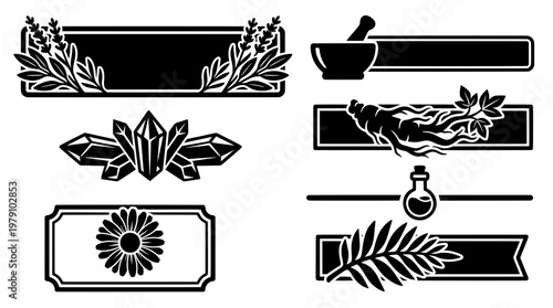 Black and white vector set of apothecary banners, herbal frames, magic crystals, potion bottle, mortar, and botanical elements for natural wellness