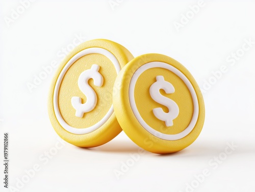 Two cartoon gold coins with white $ symbols and a white border on a white background