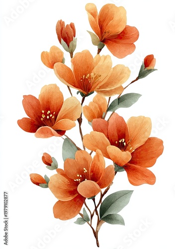 Watercolor illustration of orange and yellow flowers with green leaves on a stem