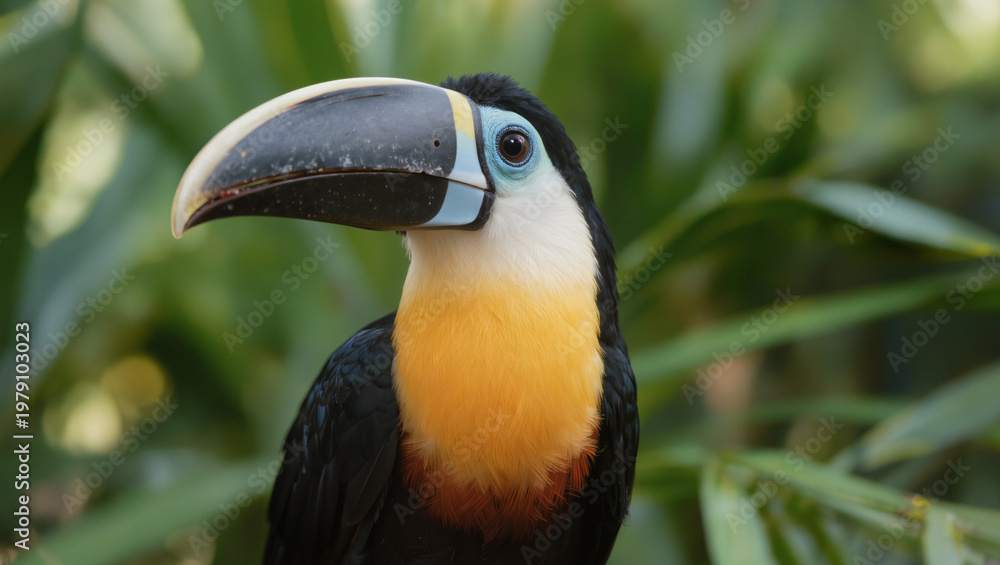 Fototapeta premium Toucan portrait with 200mm lens f3.5 sharp beak detail vibrant tropical wildlife close up