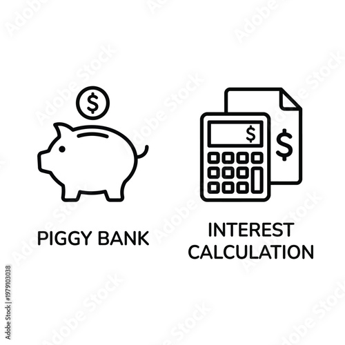 Piggy bank savings and interest calculation vector icons, black line style, financial planning, EPS