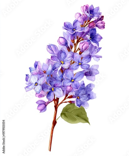 Watercolor illustration of a lilac branch, detailed and lifelike, isolated on white