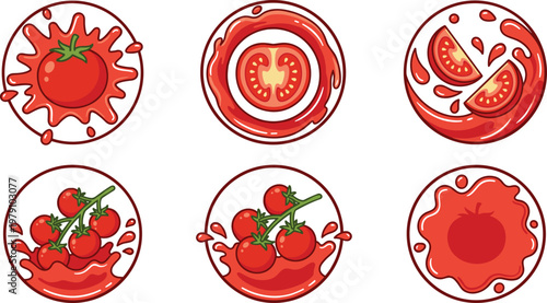 Tomato Sauce Splash and Fresh Tomato Illustration Set with Slices, Juice Drops, Organic Ingredients and Cooking Food Elements Collection for Kitchen Design