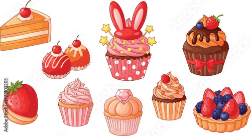 Cute dessert collection with cupcakes cakes and berry tarts colorful sweet food cartoon vector illustration set isolated on white background