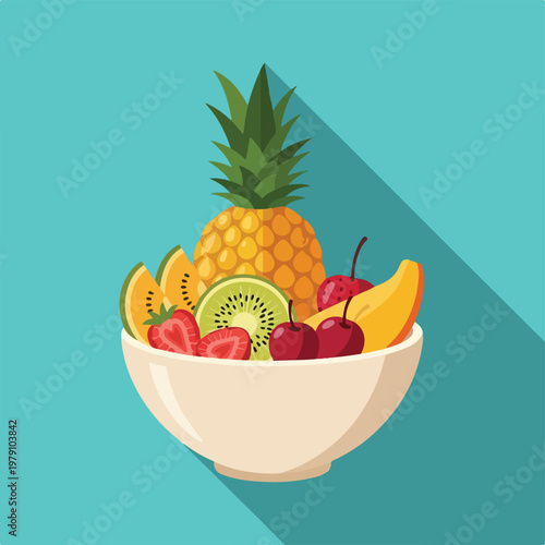 Colorful fruit salad in a bowl on turquoise
