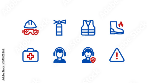 Icons for protection, emergency, and safety equipment in flat style.