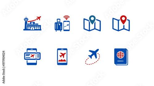 Modern travel icons with maps, passport, transport, and journey symbols.