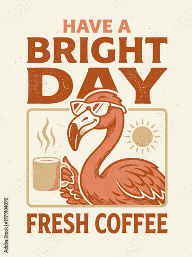 Flamingo Wearing Sunglasses and Drinking Coffee.