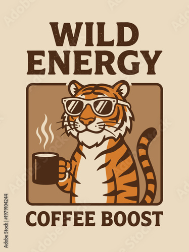 Tiger wearing sunglasses holding coffee.
