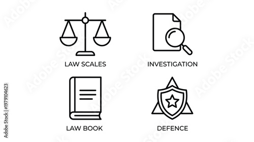 Law scales, investigation and legal defence icons, line style, black, for law firms, justice and security services