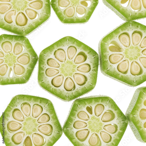 Fresh sliced green okra vegetable pattern seamless texture background food healthy