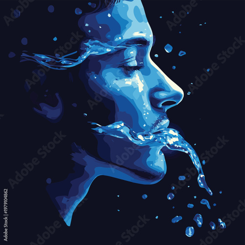 A serene portrayal of a face with water elements, expressing deep tranquility and reflection.