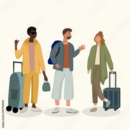 Flat vector illustration of diverse friends with backpacks and luggage traveling together. Concept of group tourism, friendship adventure, and international vacation on a neutral background.