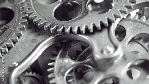 Macro footage of interlocking gears in black and white. Perfect for abstract engineering, industrial logic, and mechanical teamwork.m