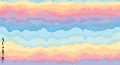 Soft, pastel-colored illustration of layered clouds in gentle hues of pink, blue, and yellow
