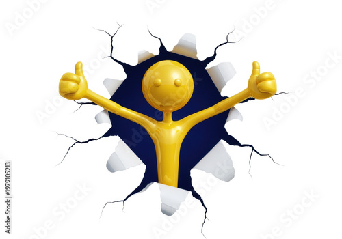 luminous, glossy yellow 3d stick figure character giving double thumbs up, dynamically bursting through jagged tear in hyper-detailed white archival paper against dark blue void. concept of