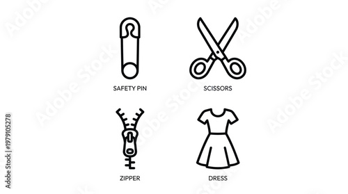 Sewing safety pins scissors and dress line icons set, black vector illustration, minimal style, for fashion and crafting