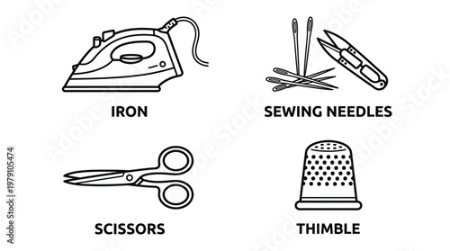 Sewing tools and equipment, iron, scissors, thimble and sewing needles, black and white line art, vector illustration for fashion or textile industry