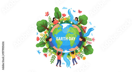 Bilde på lerret A vibrant vector illustration celebrates Earth Day, depicting people surrounding
