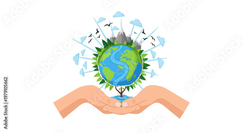 Isolated illustration of protecting the Earth with cupped hands holding a globe featuring mountains, trees, clouds, and birds, embodying environmental protection and sustainability