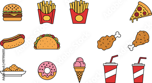 Colorful Fast Food Icon Set Featuring Burger, Fries, Pizza, Hot Dog, Taco, Donut, Ice Cream, Soda and Fried Chicken in Flat Vector Style Collection