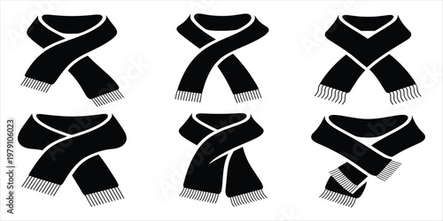 Six black silhouette icons of scarves with fringed ends on a white background scarf