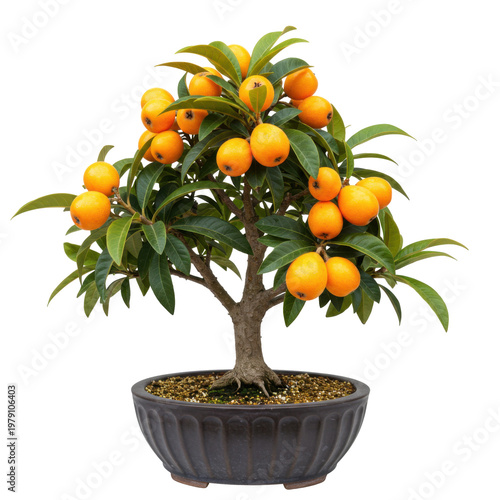 Loquat bonsai tree with ripe fruits in a dark ceramic pot isolated on white background