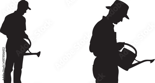 Gardener silhouettes, watering can icons, black gardening illustrations, landscape design elements