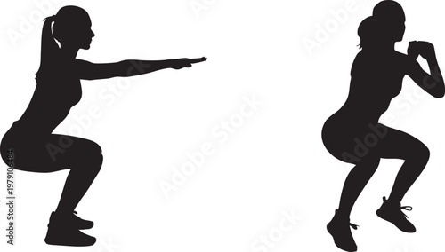 Fitness, workout, exercise, squat, silhouette icons, black, vector graphics