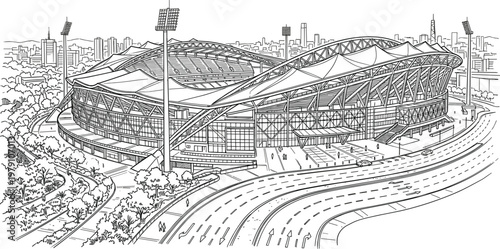 Modern sports stadium architecture line drawing with city skyline background showcasing large arena structure and urban infrastructure design