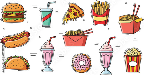 Fast Food Cartoon Illustration Set with Burgers, Pizza, Fries, Hot Dogs, Drinks, Desserts and Street Food Items for Menu Design and Kids Projects