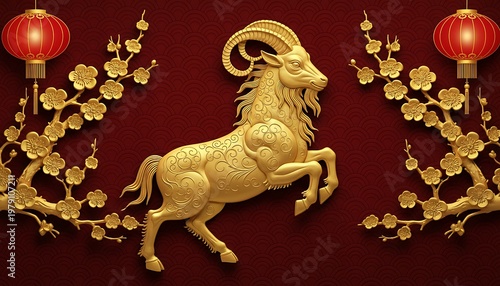 Modern Luxury Chinese New Year 2027 Gold Goat on Red Background. Chinese New Year / Lunar New Year celebration (Year of the Goat 2027)