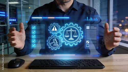 Businessman using futuristic hologram interface with legal scales gavel and gears for compliance automation and data analysis in modern server room office