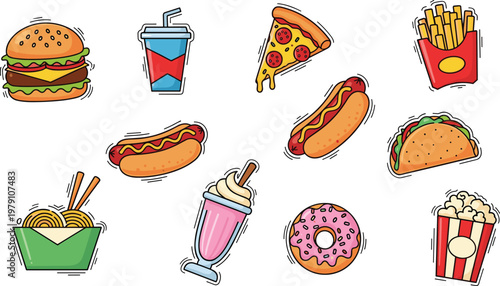 Fast Food and Junk Food Icon Set Featuring Burger, Pizza, Hot Dog, Fries, Soda, Donut and Snacks in Colorful Flat Vector Style for Menu Design